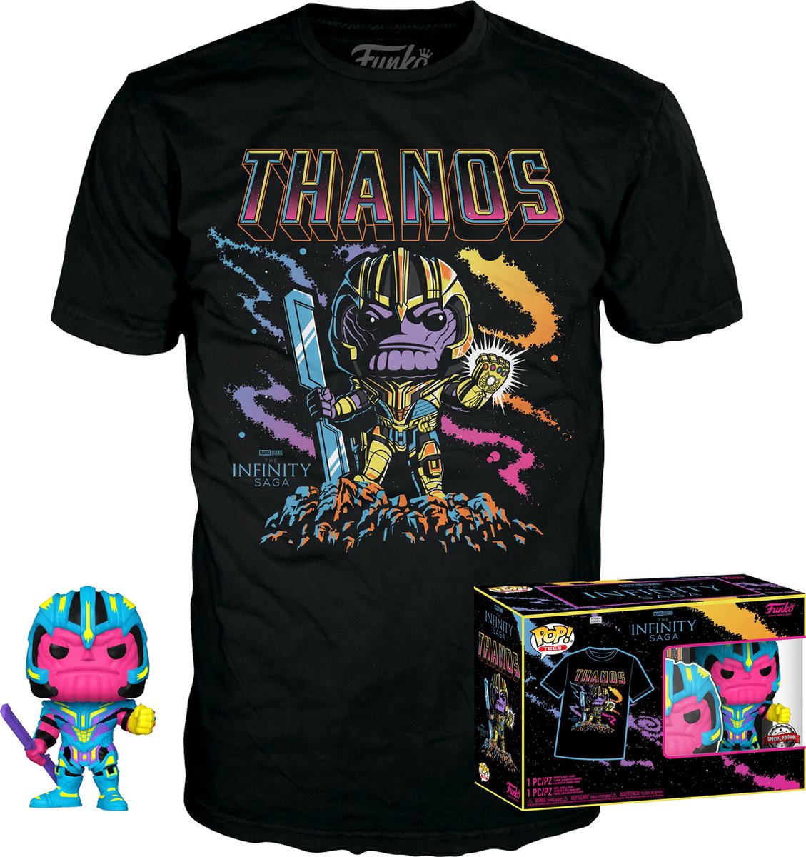 Funko pop! tee box: marvel studios the avengers - thanos blacklight zwart #909 exclusive (size l)