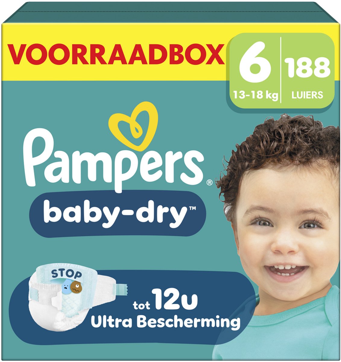 Pampers baby-dry talla 6 - 188 pañales - 13kg-18kg - caja de almacenamiento