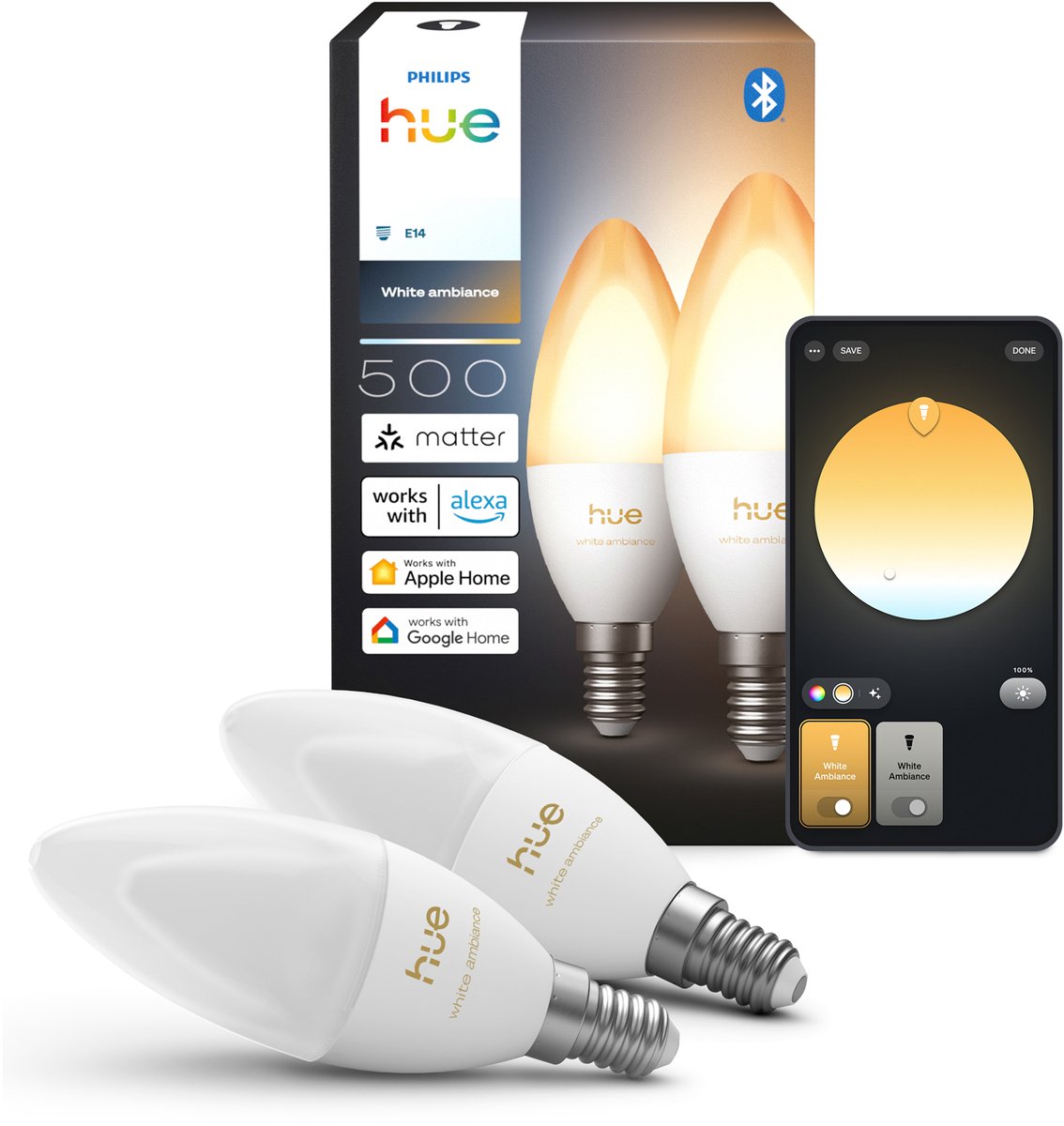 Lámpara vela LED Philips Hue - Accesorio E14 - Contiene 2 lámparas - Luz blanca regulable - Iluminación inteligente