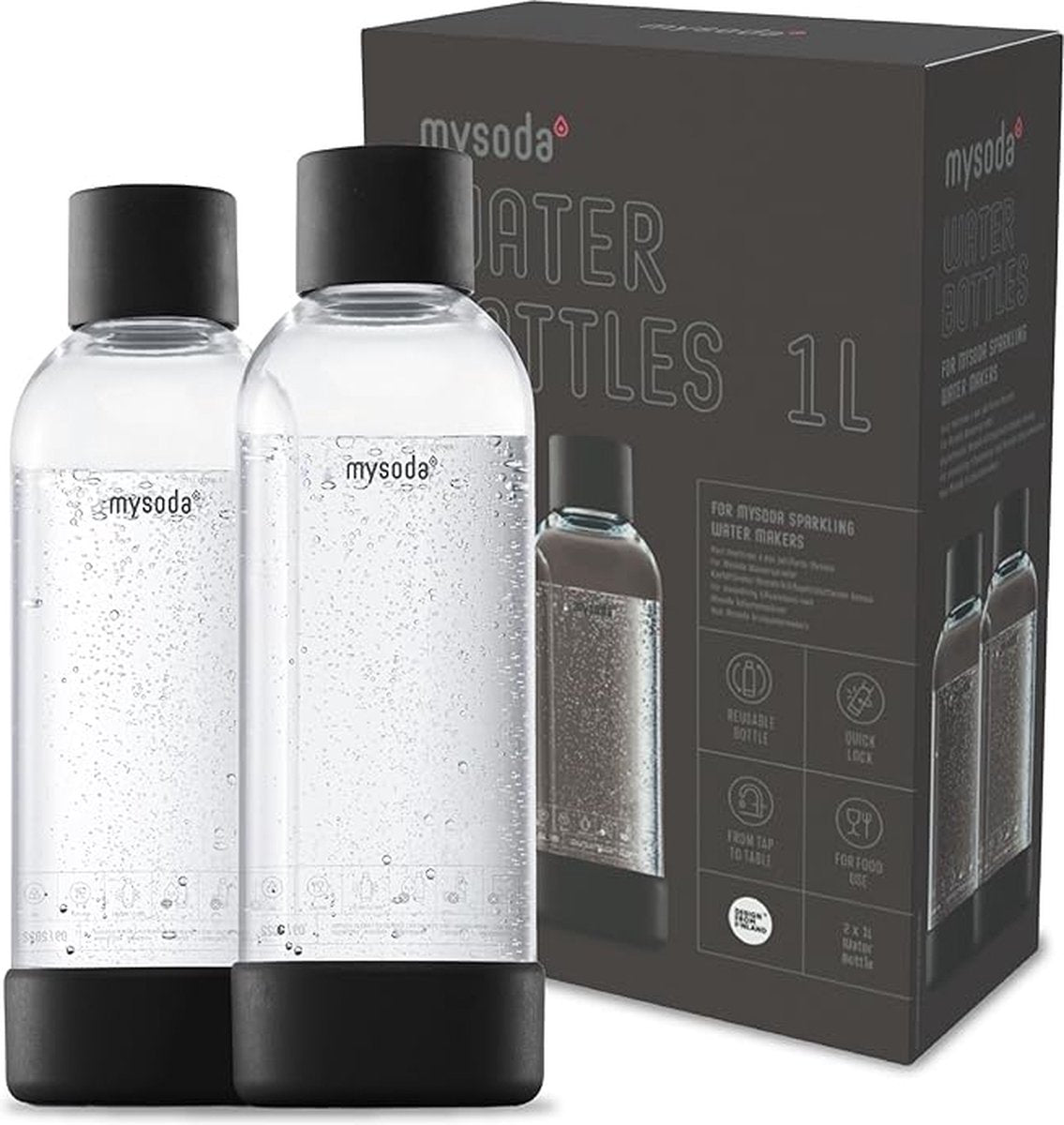 Mysoda - juego de 2 botellas reutilizables de 1 litro - negro - apto para dispositivos
