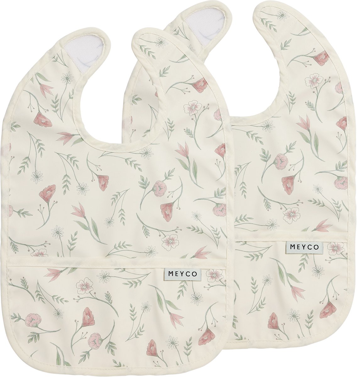 Meyco babero bebé flores con bandeja recogedora - pack de 2 - multicolor