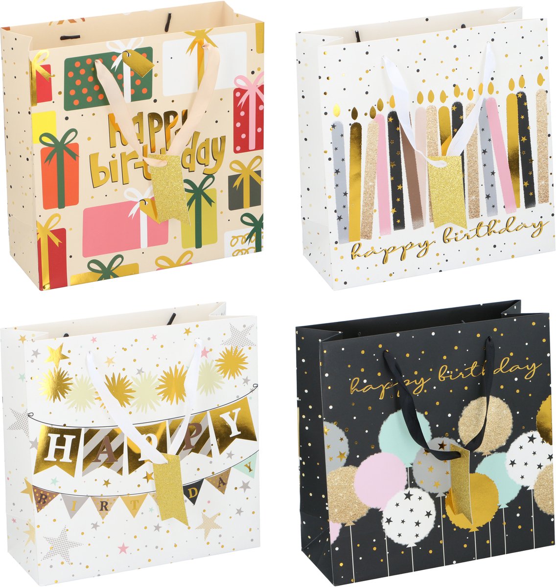 Bolsa de regalo de cumpleaños sin marca Sans Marque Happy Birthday - Bolsa de regalo de cumpleaños aprox. 32x26x12 cm – bolsa de regalo con asas – embalaje de regalo para regalo de cumpleaños – diseños surtidos - 1 variante aleatoria