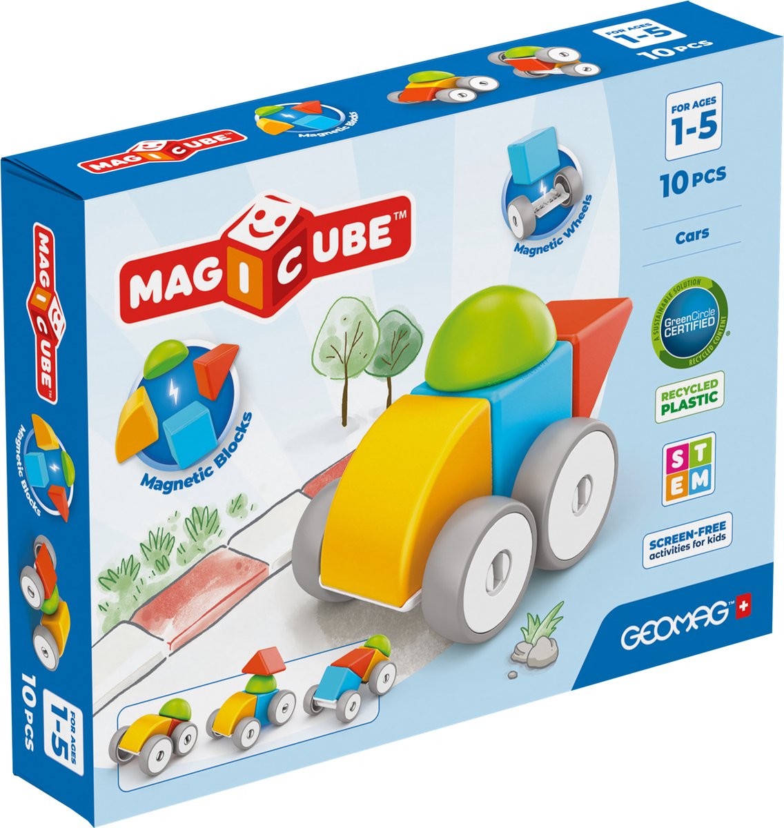 Geomag magicube blocchi auto riciclate - mattoncini magnetici - 10 pezzi - da 1 anno