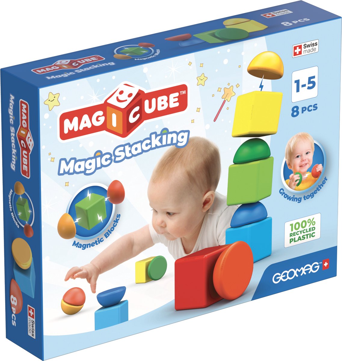 Geomag magicube riciclato - mattoncini magnetici - 8 pezzi - da 1 anno