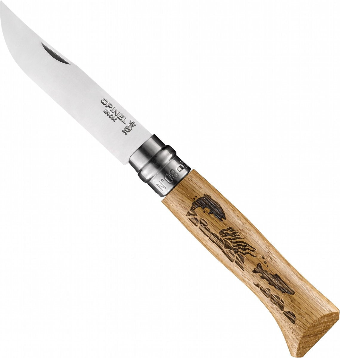 Opinel n.08 coltello tascabile inciso trota in acciaio inox legno