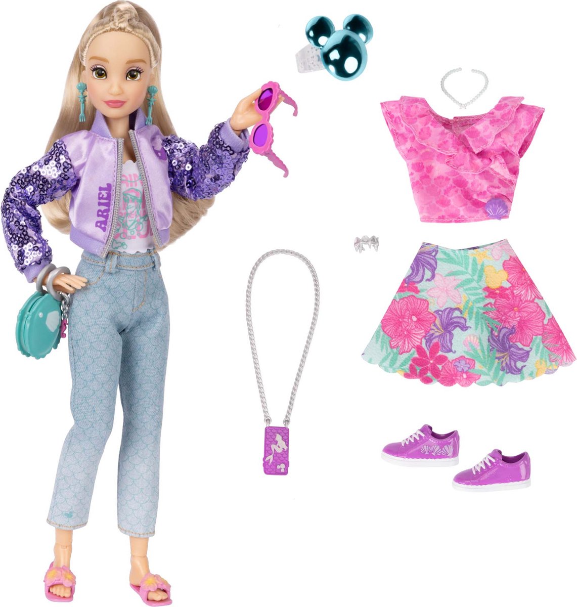 ¡Muñecas de moda Jakks Ariel, de 25 cm de altura, con 13 puntos de articulación, dos conjuntos completos para combinar y un anillo de Mickey para ti!