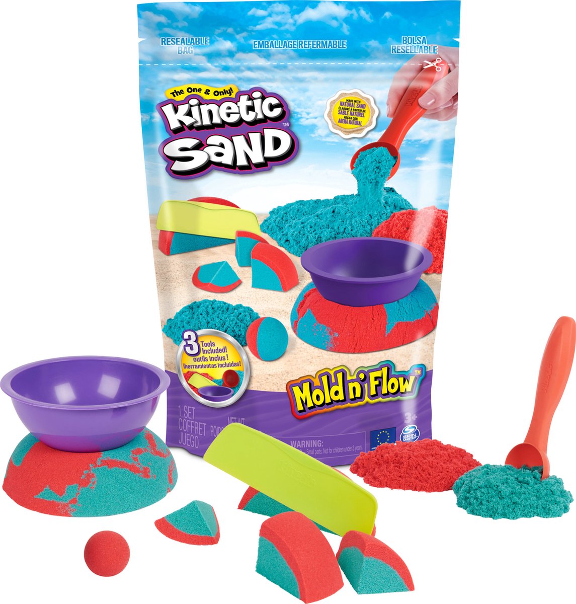 Kinetic Sand - set Mold n' Flow con 680 g originale rosso e blu-verde e 3 strumenti - giocattoli sensoriali