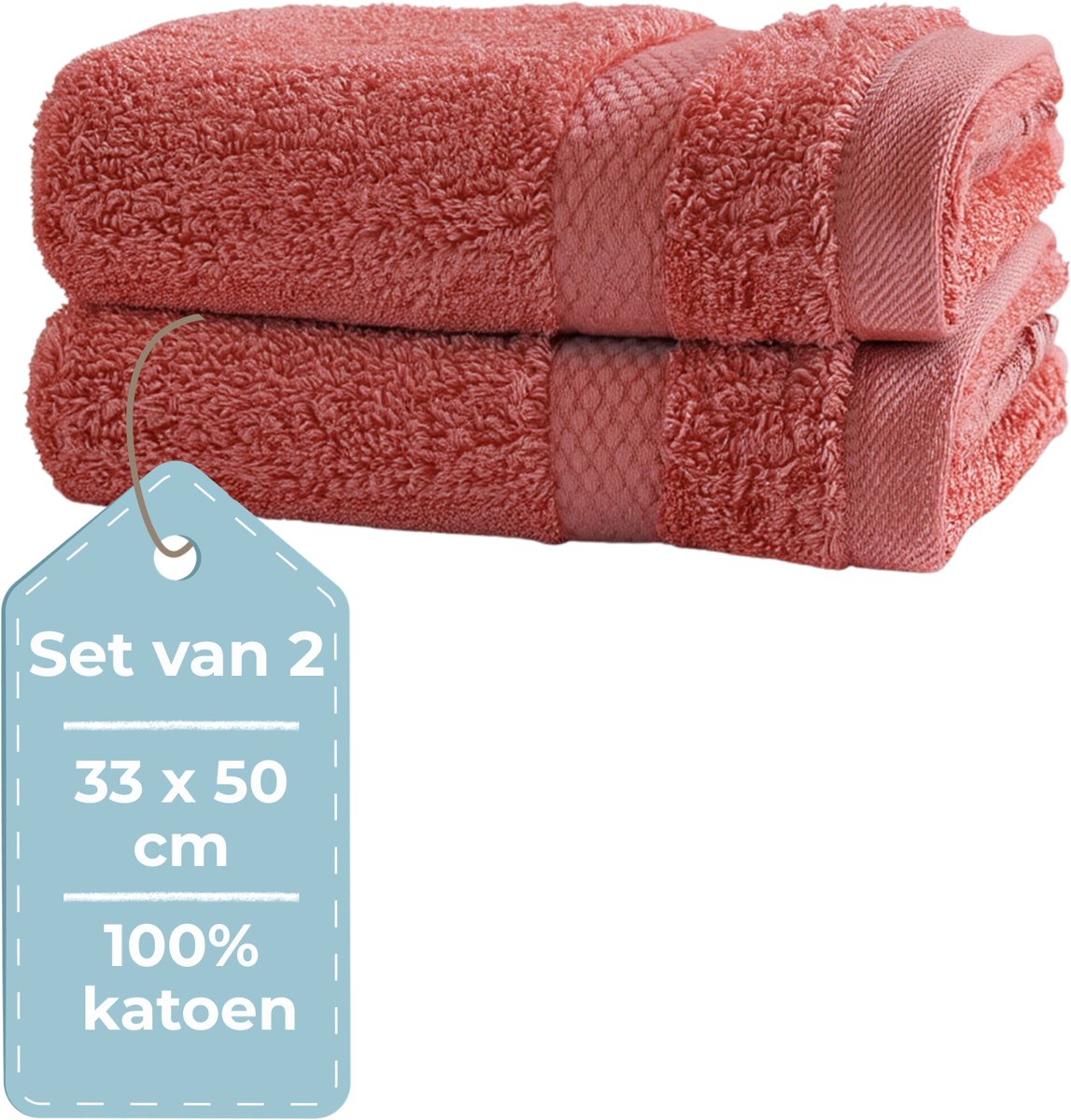Hush. living hush living guest towel - set of 2 - 33×50 cm - 100% cotton - heavy quality 500g m2 - stylish border and hanging loop - coral
