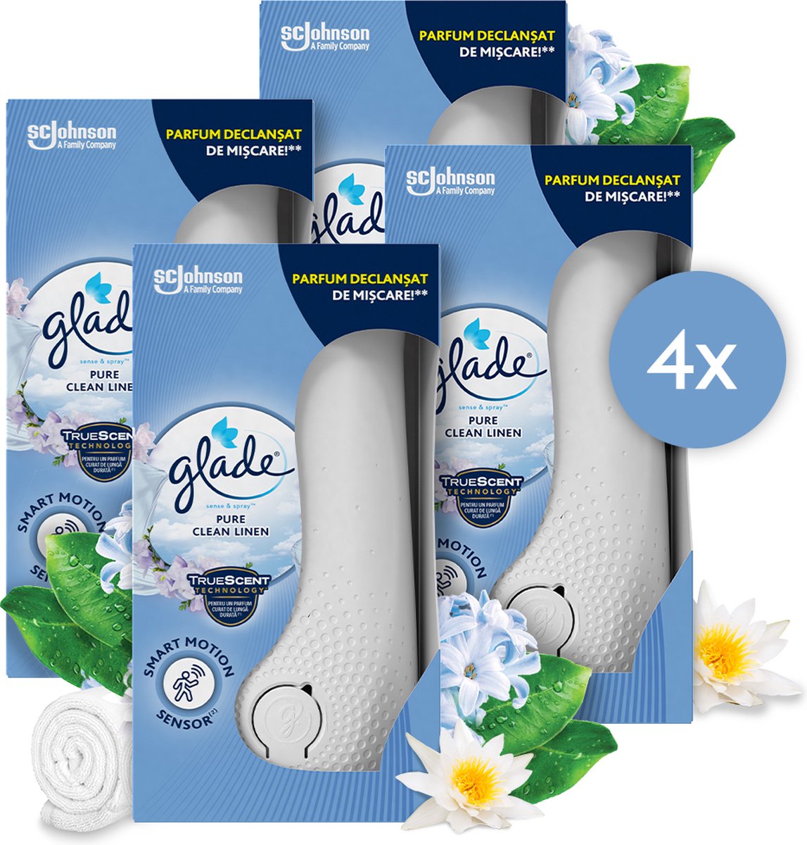 Glade sense spray houder pure clean linen 4 x