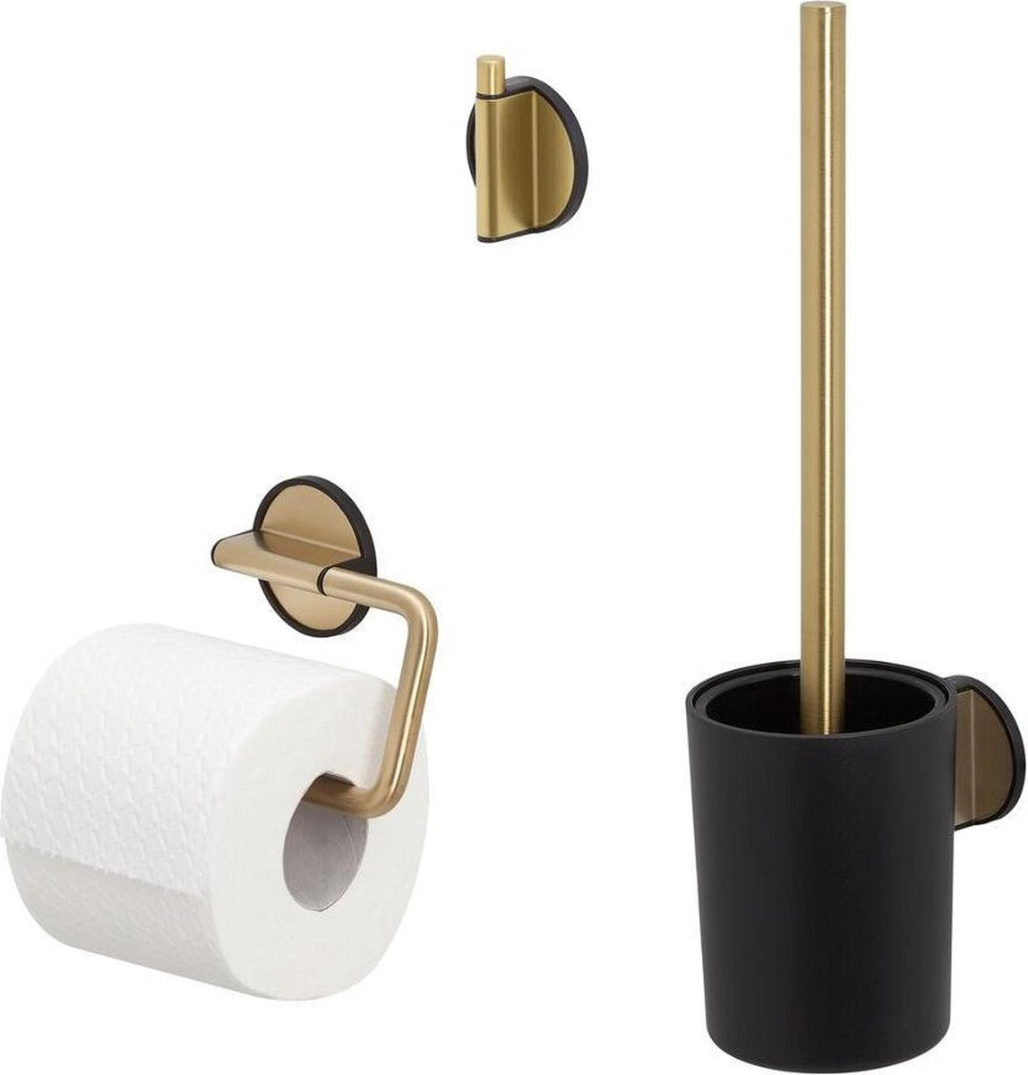 Tiger tune - set accessori per WC - scopino per WC con supporto - portarotolo senza patta - gancio per asciugamani - nero spazzolato oro