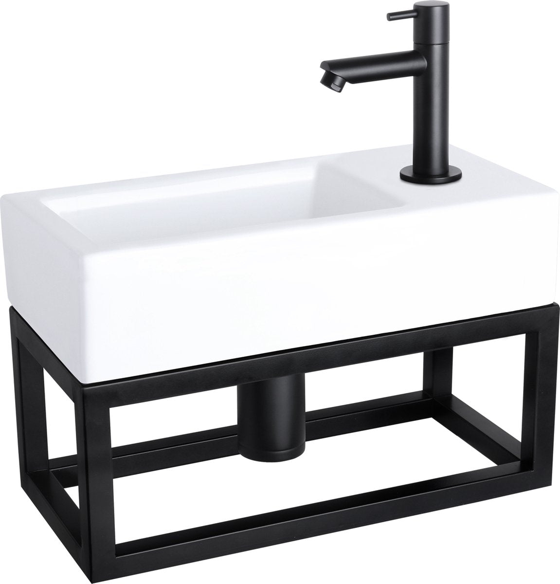 Set fontana Differnz helios - 37,5x18,5x9,5 cm - rettangolo - 1 foro per rubinetto a destra - rubinetto dritto nero opaco - con cornice nera - ceramica bianca