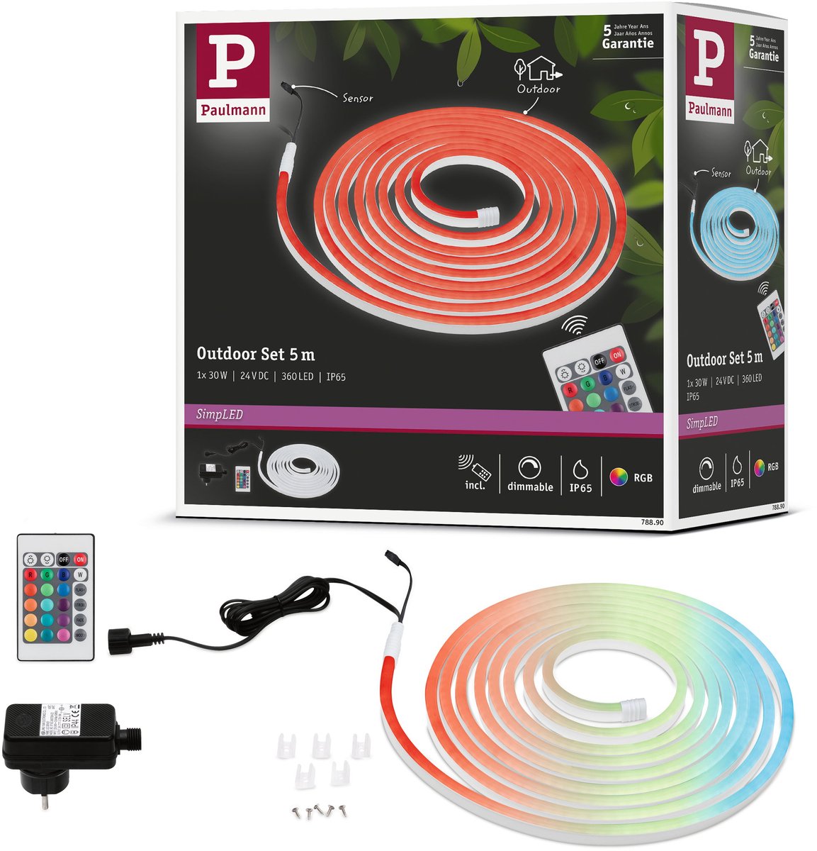 Paulmann simpled outdoor led strip 5 meter rgb - plug play set - 30w - 24v - wit - kunststof