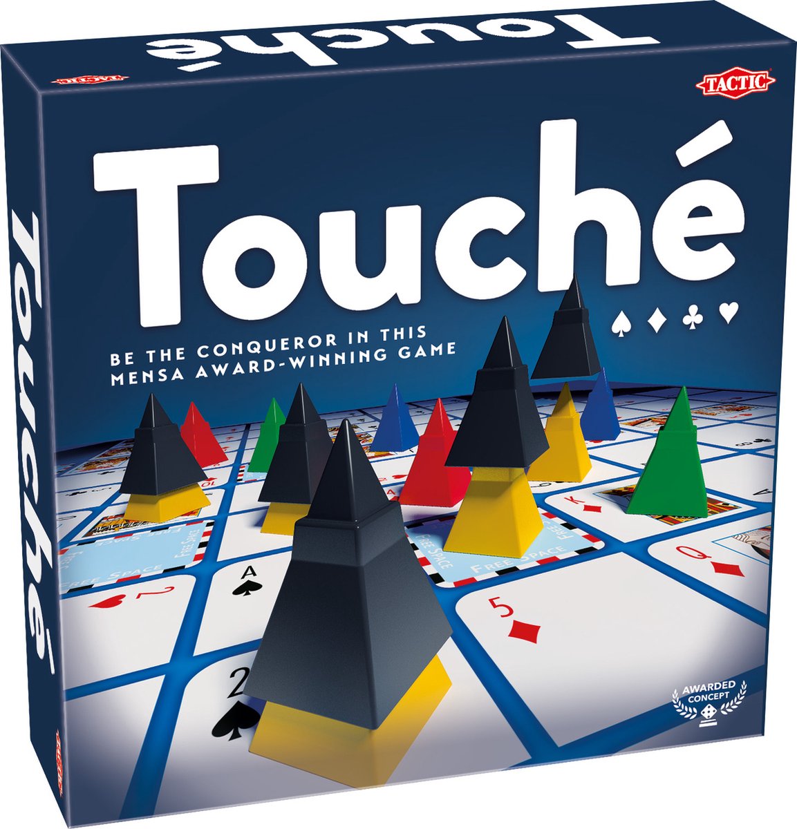 Tactic touché – board game – tactical card game – strategic pawns and cards game – place pawns, block opponents and score patterns – family game – winner of the Mensa Select prize – award-winning game – 2 to 4 players – from 8 years