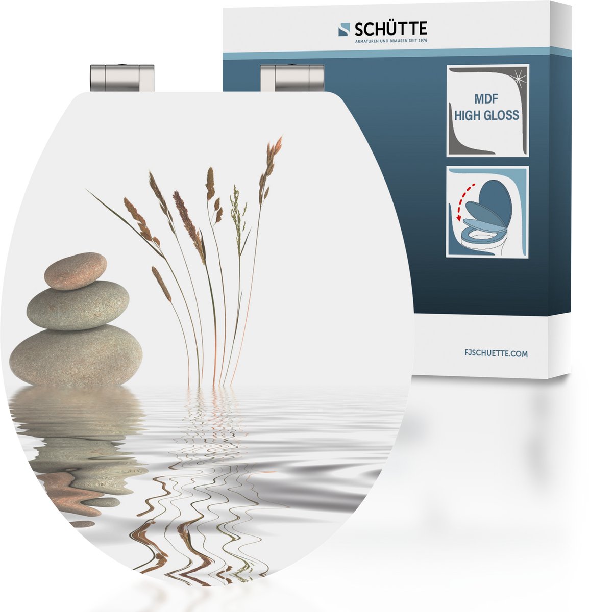 Sedile WC Schütte 80522 Balance - lucido - legno MDF - chiusura ammortizzata - cerniere cromate - portata fino a 175 kg - decorazione - stampa su 1 lato