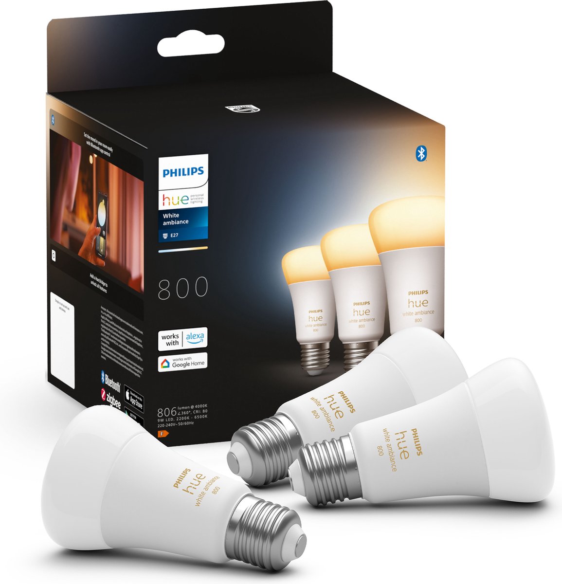 Philips hue white ambiance standaard lamp mat dimbaar (3-pack) - e27 9w 800lm 22...