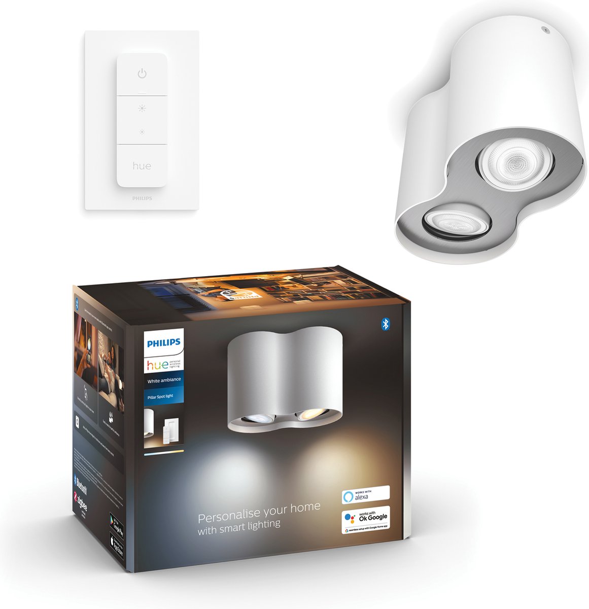 Faretto da superficie Philips hue pillar - luce bianca calda/fredda - 2 faretti - bianco - 1 dimmer - gu10