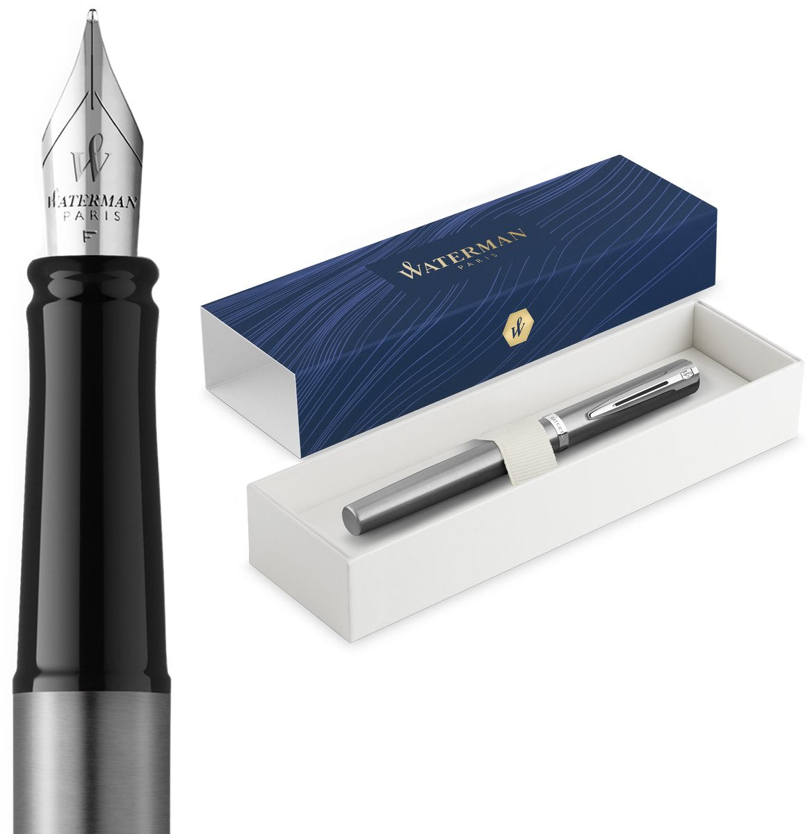 Pluma estilográfica impresión Waterman | plumilla estilográfica mediana con recarga de tinta azul | acero inoxidable con acabado paladiado | caja de regalo