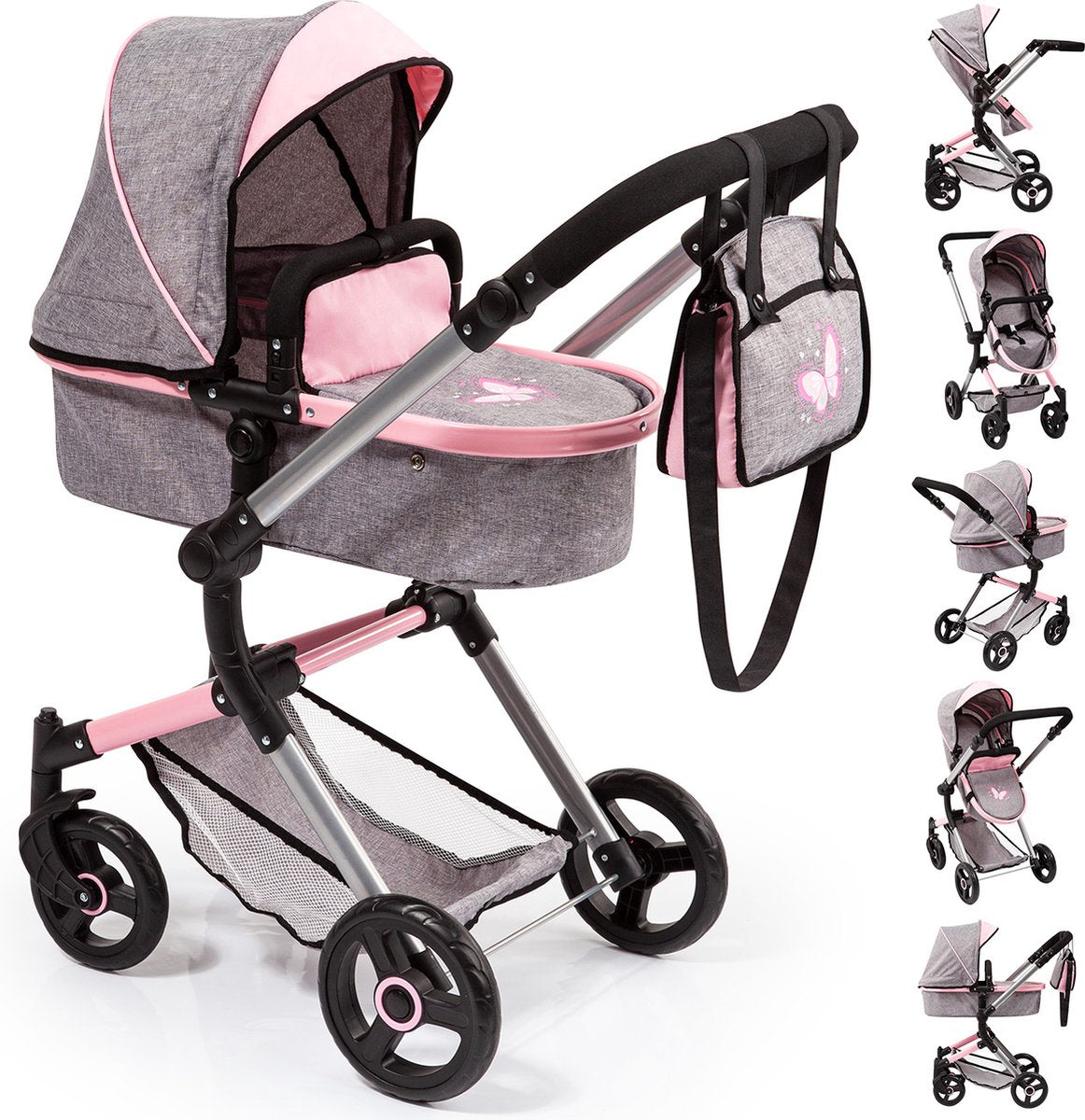 Bayer design - cochecito de muñecas neo vario - gris con mariposa