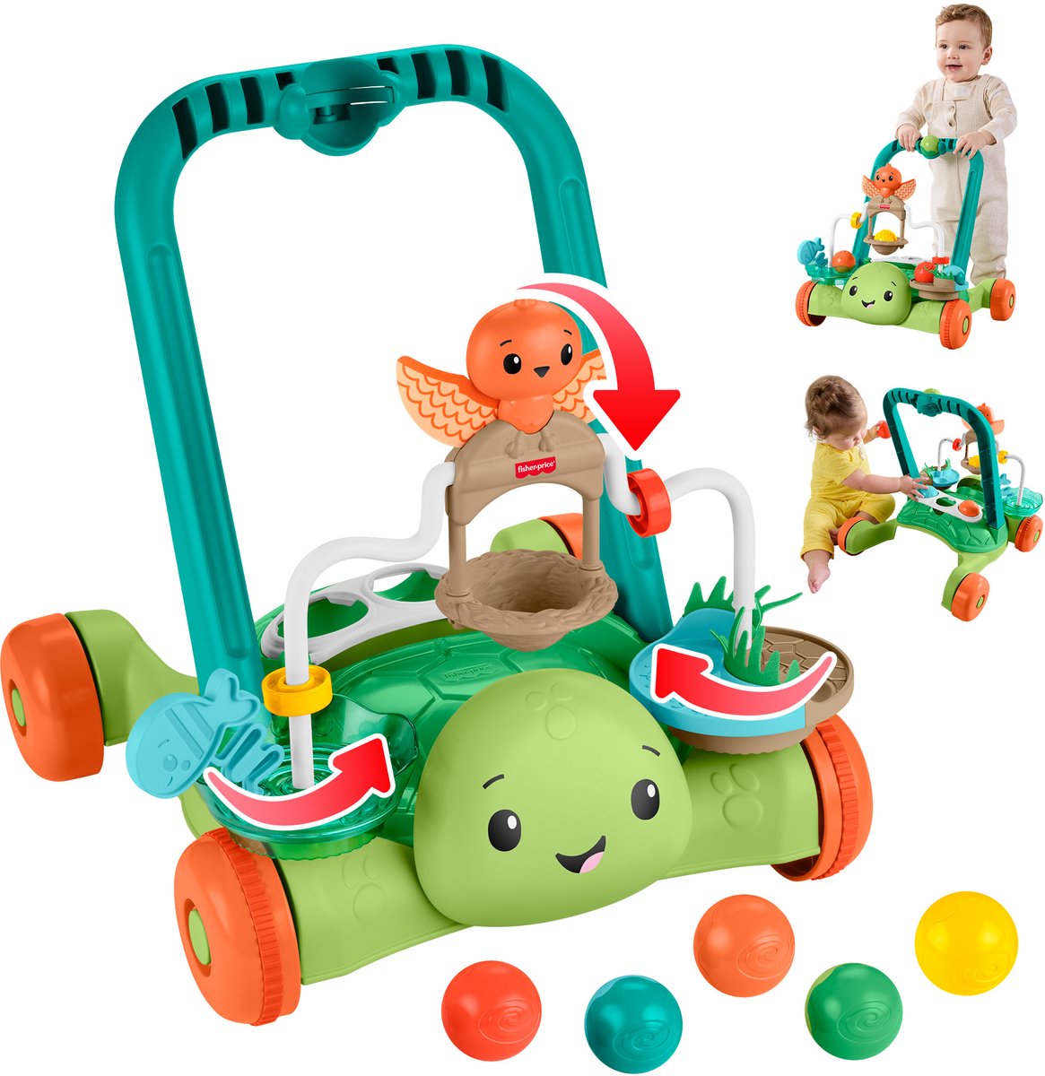 Fisher-price se mueve contigo andador de tortugas - juguete de empuje y actividad con 5 bolas