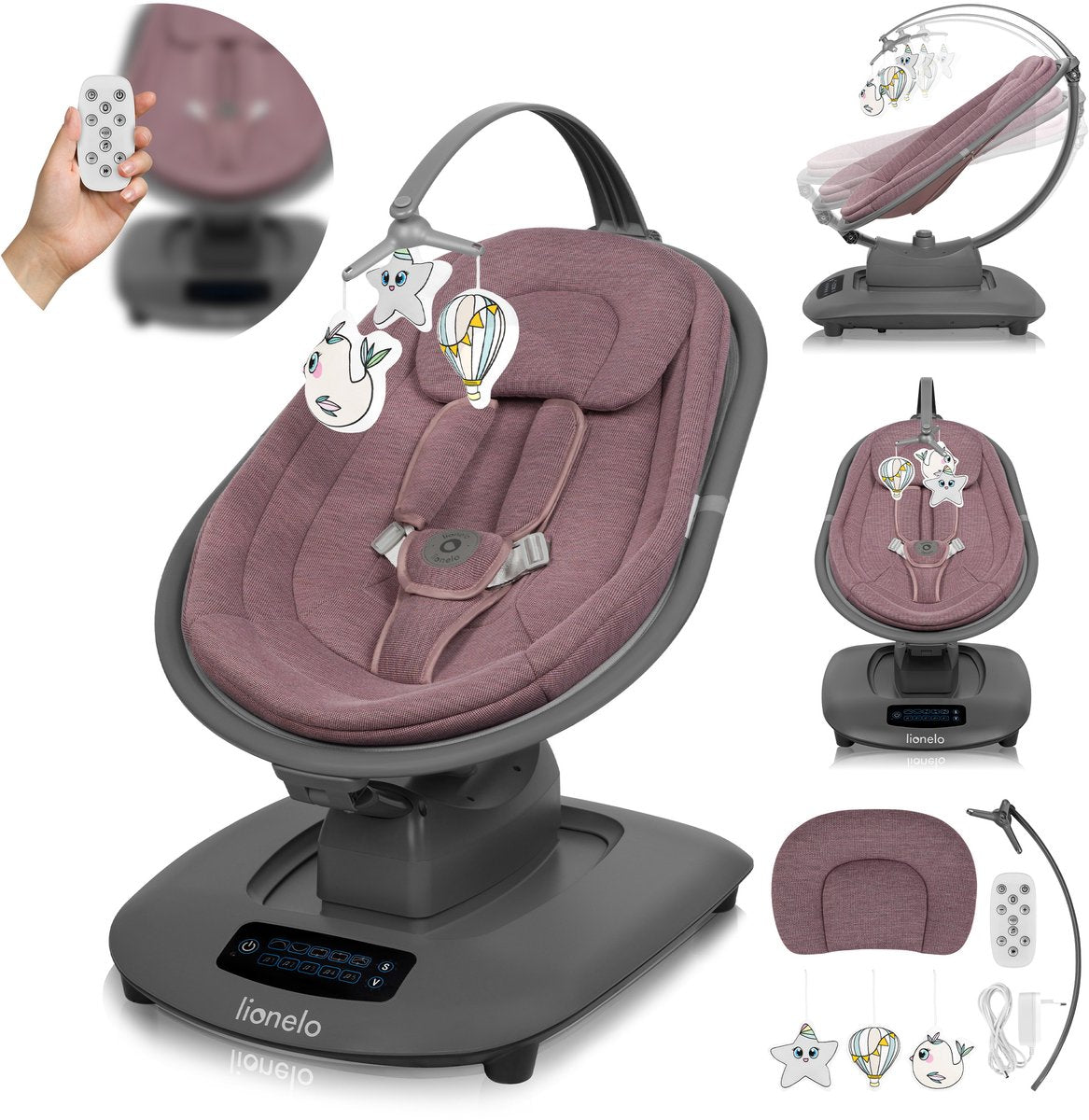 Lionelo blossom elektrische schommelstoel – 5 schommelstanden – ademend bamboe stof – afstandsbediening – 5 melodieën natuurgeluiden – wipstoel baby's – traploze verstelling – 5-punts gordel – geschikt tot 9 kg