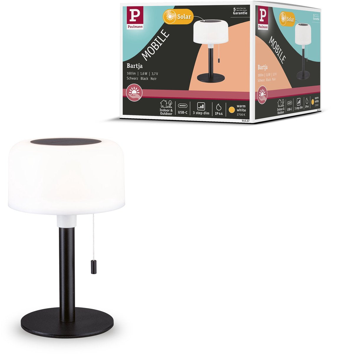 Paulmann lampada solare a batteria bartja ip44 dimmerabile 2700k nera