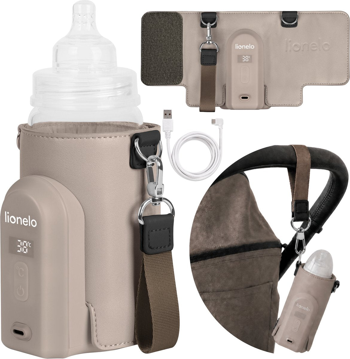 Scaldabiberon Lionelo thermup go evo - mobile - 5 livelli di temperatura - ricarica USB-C - fino a 9 ore di calore - adatto per vetro e plastica