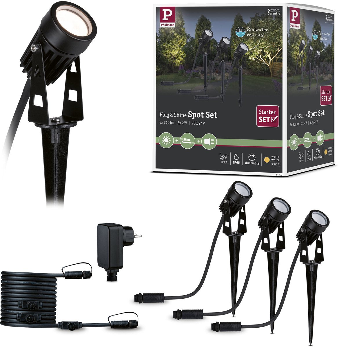 Paulmann Plug Shine Focos LED para jardín blanco cálido set básico IP65 3000K 3x2W 21VA negro