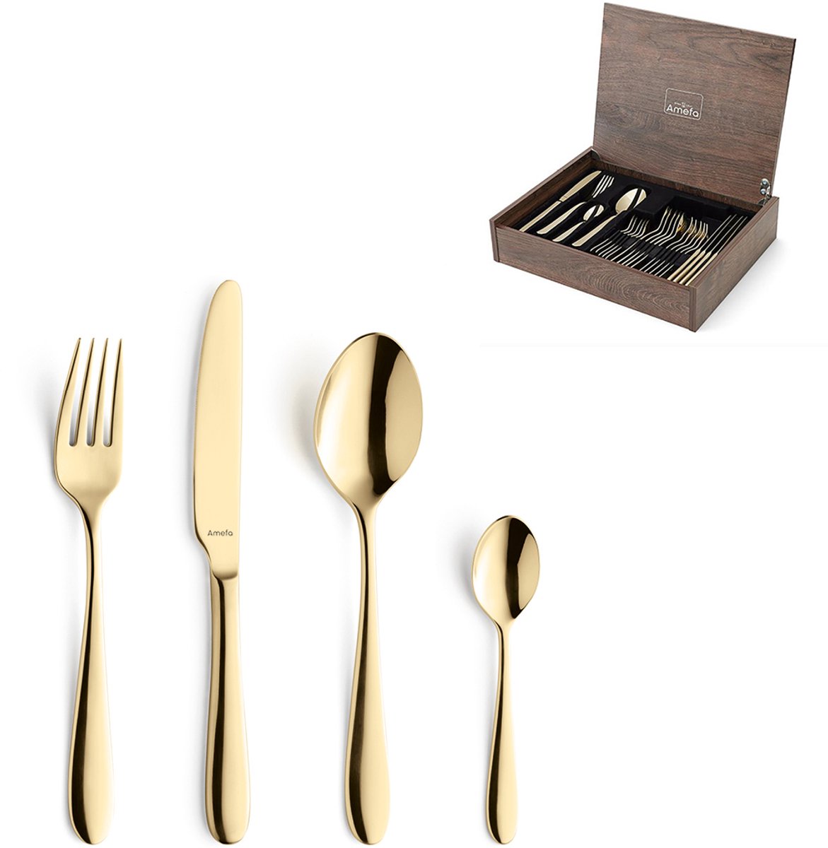 Amefa Oxford - set di posate da 24 pezzi - per 6 persone - lucide - oro - in lussuosa scatola di legno