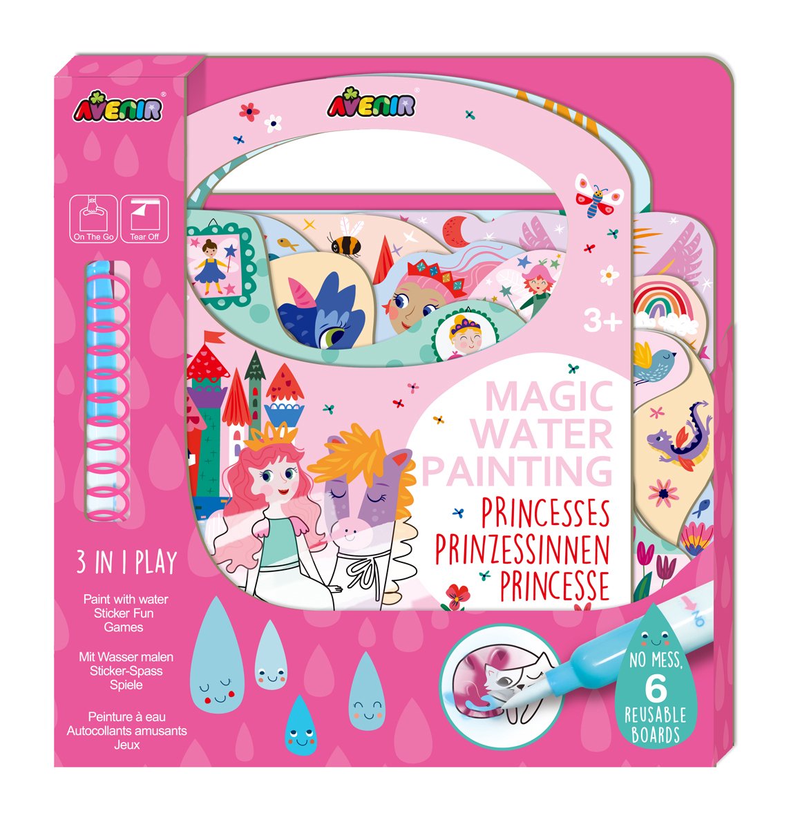 Avenir magisch waterschilderen: book prinses, 6 herbruikbare pagina's met 3-in-1 play, 3+