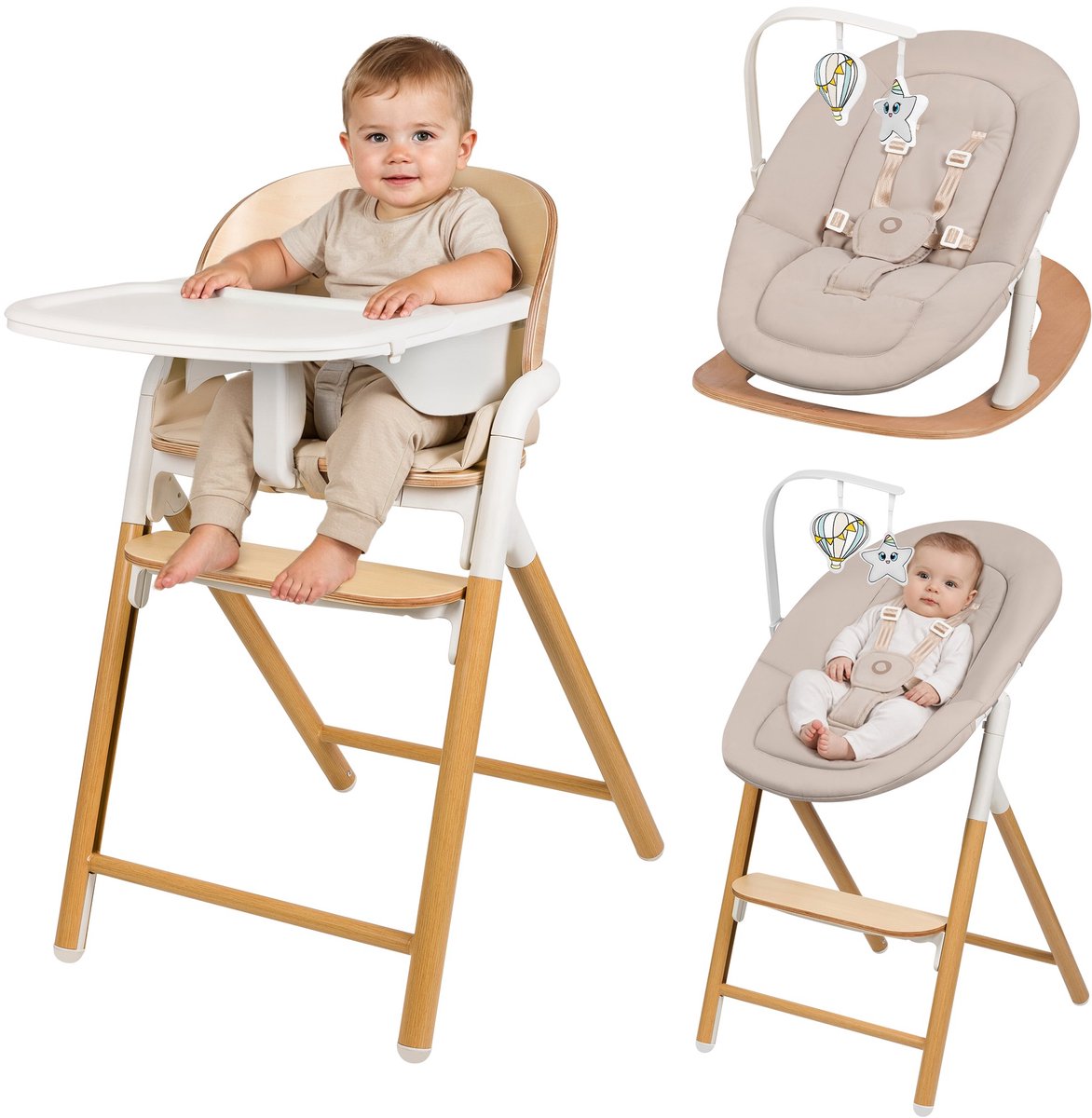 Lionelo Celia set - mecedora 4 en 1, trona de madera - set para bebé arnés de 5 puntos - reposapiés de altura ajustable - para bebé, niño adulto - madera de haya de primera calidad - incluye arco de juego y bandeja