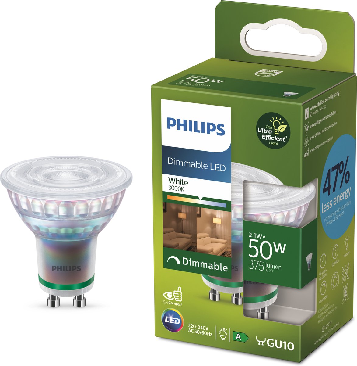 Philips led philips ultra efficient led spot - 50w - gu10 fitting - helderwit licht - dimbaar