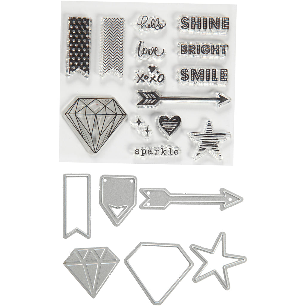 Timbri aziendali Creativ, cartelline per embossing e fustelle, parole e caratteri, misura 1,5-6 cm, 1 scatola