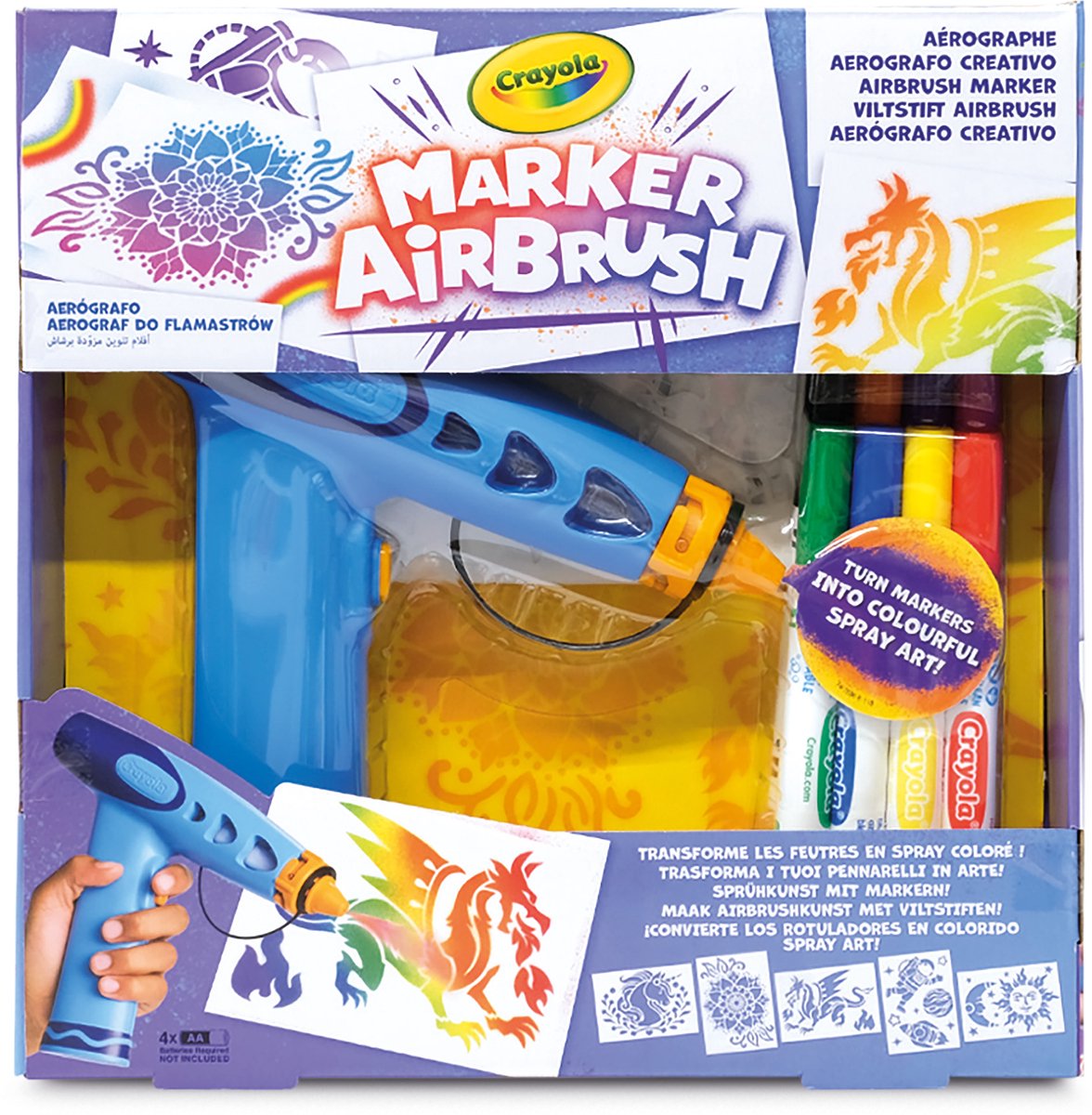 Crayola marcador aerógrafo - hobby pack - pulverizador de pintura creativo para niños con 8 rotuladores lavables y 5 plantillas - juguetes educativos para actividades artísticas - a partir de 6 años