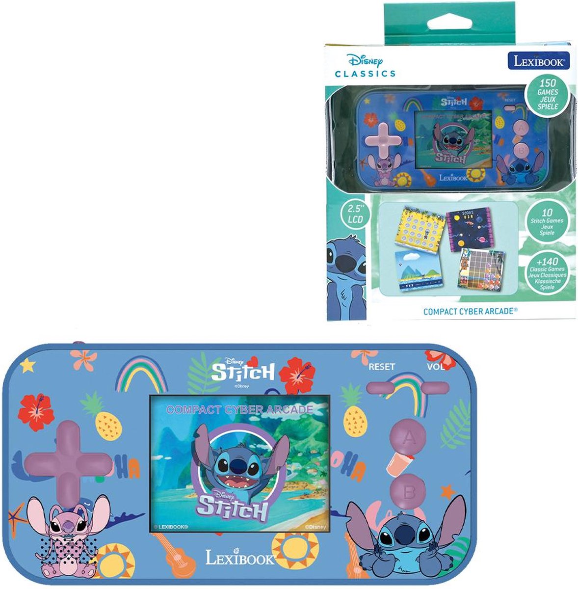 Console da gioco tascabile Lexibook Stitch compatta Cyber Arcade® con LCD a colori da 2,5'' e 150 giochi, di cui 10 dell'universo Disney Stitch