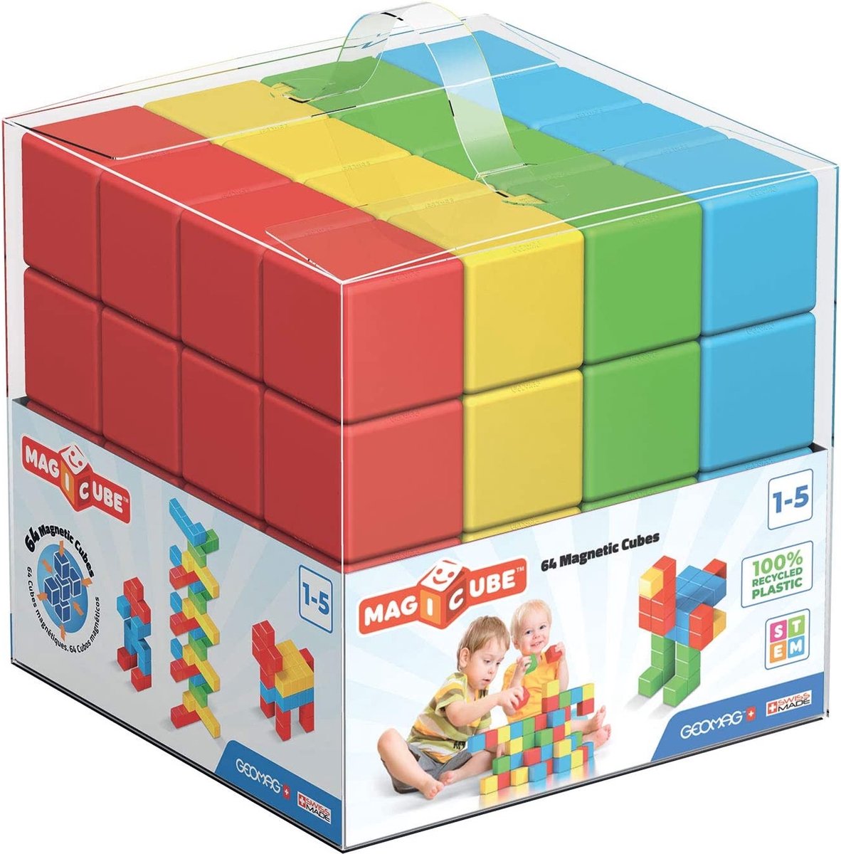 Geomag magicube linea verde riciclato - mattoncini magnetici - 64 pezzi - da 4 anni