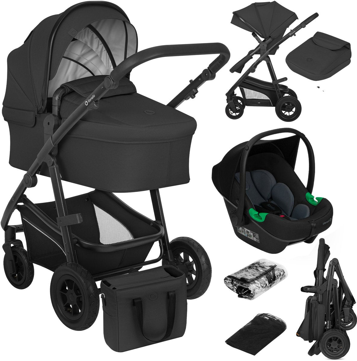 Lionelo bianka kinderwagen 3 in 1 - reiswieg + wandelwagen + autostoel - grote luchtbanden, volledige vering - inklapbaar - verstelbare duwstang - buggy omkeerbare zitting - 0-22kg - accessoireset - zwart
