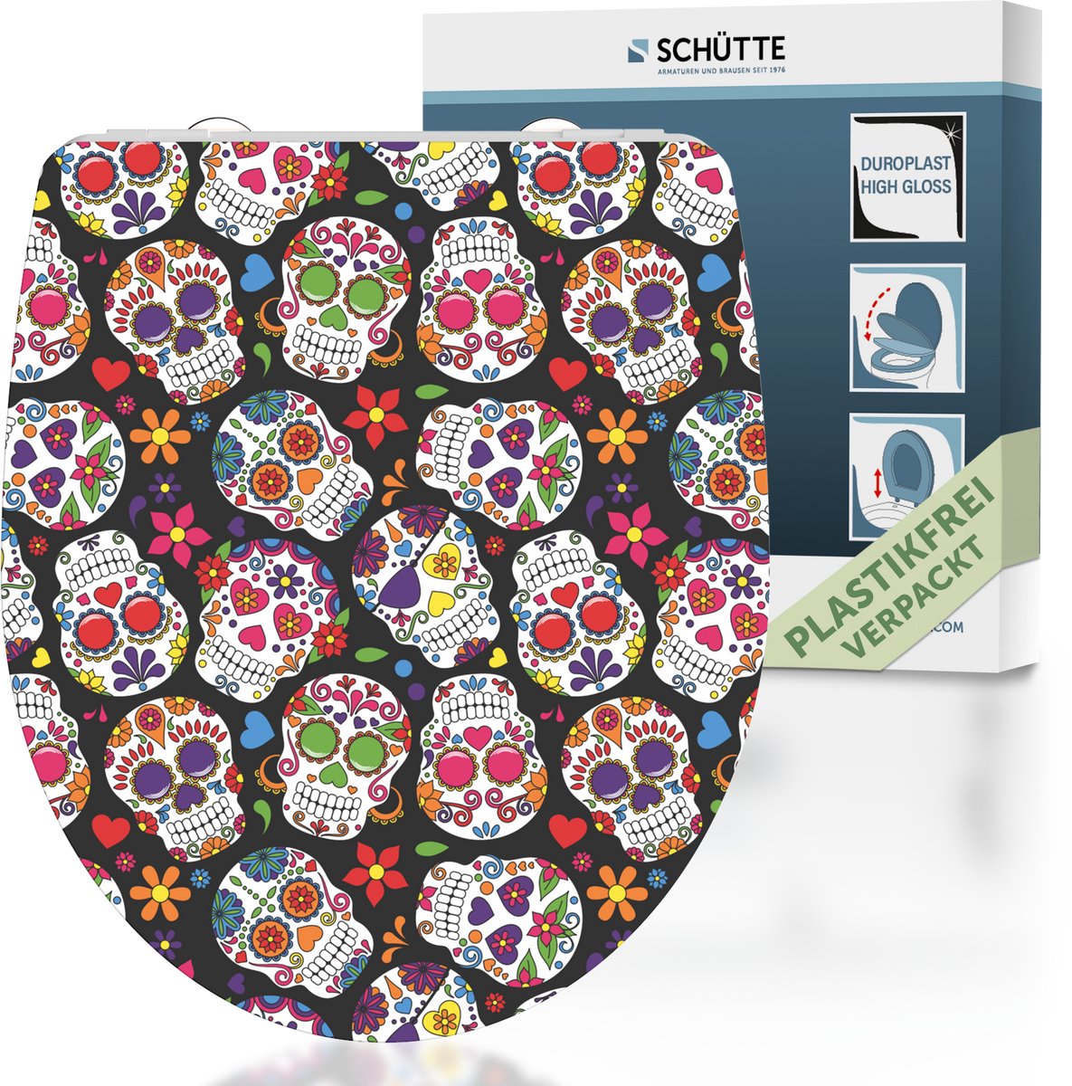 Asiento de inodoro Schütte Schütte con cráneo loco de cierre suave Duroplast alto brillo