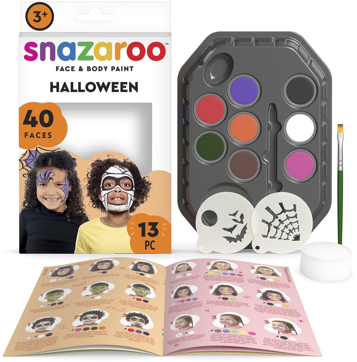 Snazaroo 1172184 Set per truccabimbi con personaggi di Halloween, acqua, truccabimbi per bambini, kit per truccabimbi per streghe, scheletri e zombie, 13 pezzi, ipoallergenico