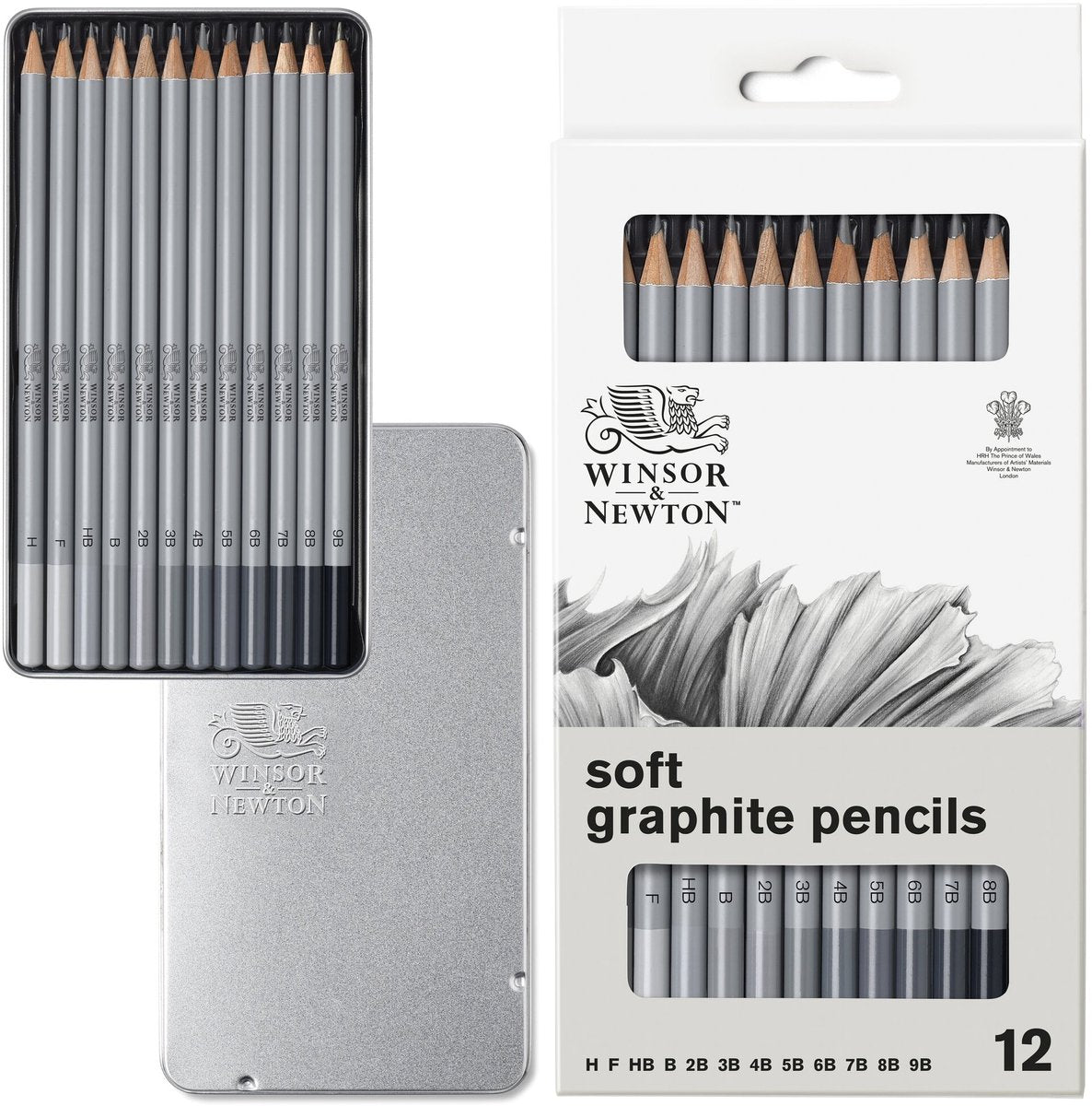 Winsor Newton 0490007 Set di matite di grafite professionali x12 – Matite morbide per schizzi Matite da disegno da H a M 9B in scatola di metallo