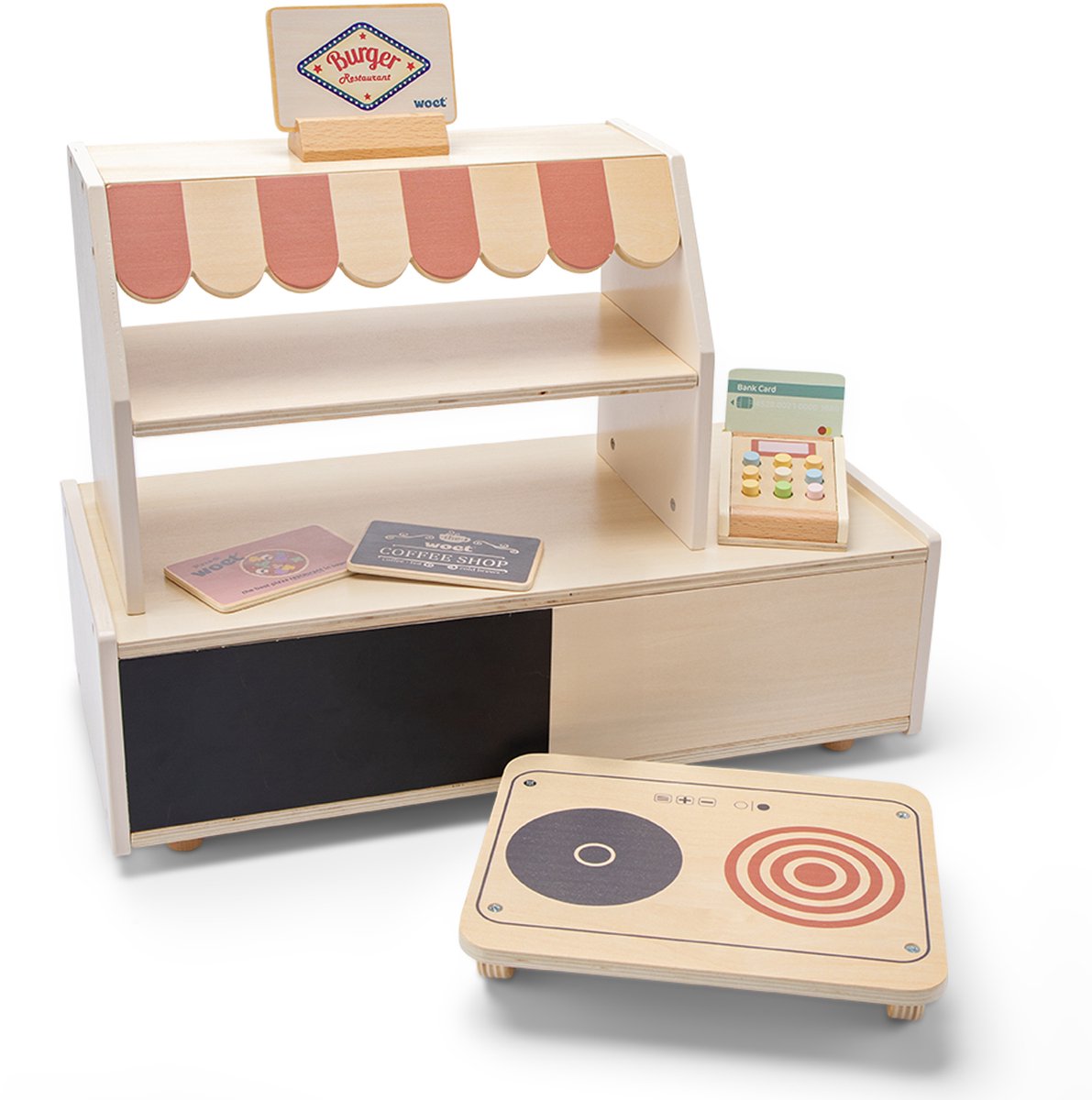 Mini giocattolo da negozio di ristorante in legno Woet ® - inclusi 3 cartelli tematici fronte-retro, spillatrice e vassoio reversibile - gioco di ruolo fantasioso - da 3 anni