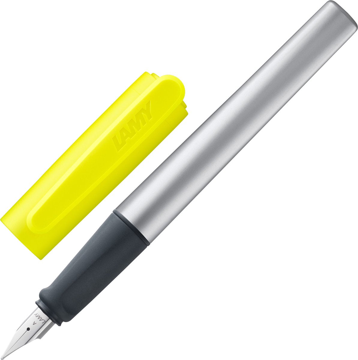 Pluma estilográfica Lamy nexx amarillo neón - con empuñadura antideslizante, plumín de acero pulido en línea a - cuerpo triangular de aluminio - incluye cartucho de pantalla t 10 azul