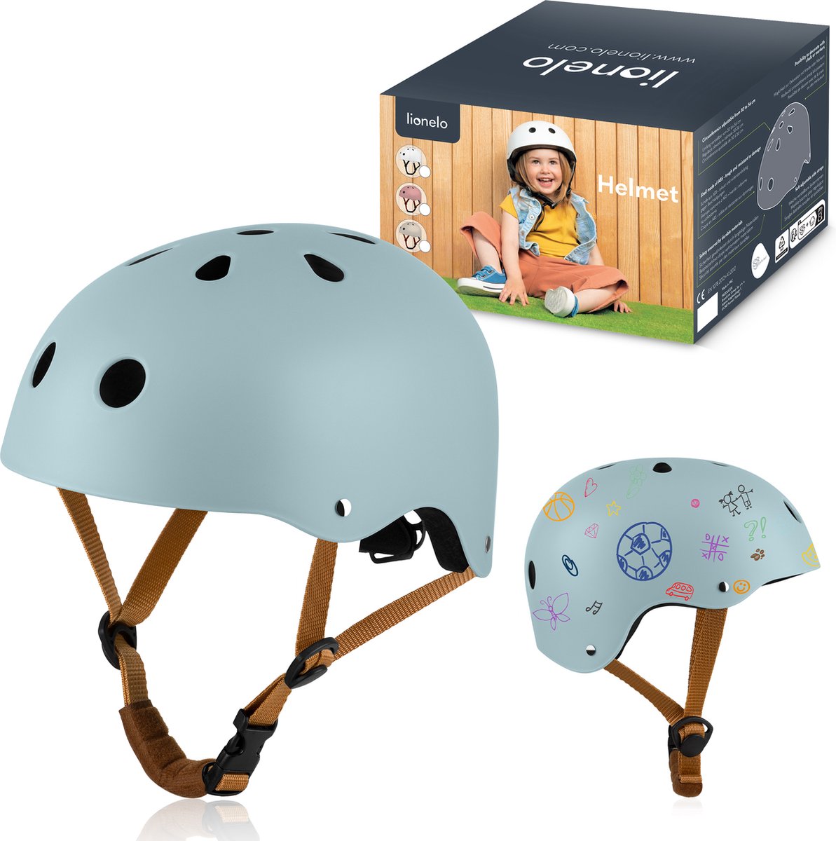 Lionelo helmet bicycle helmet for children - size 50-56cm - 20x23cm - s - intertek certification - abs eps materials - adjustable fit - 11 ventilation openings - extra chin protector - personalizable with chalk and markers - en1078 certified