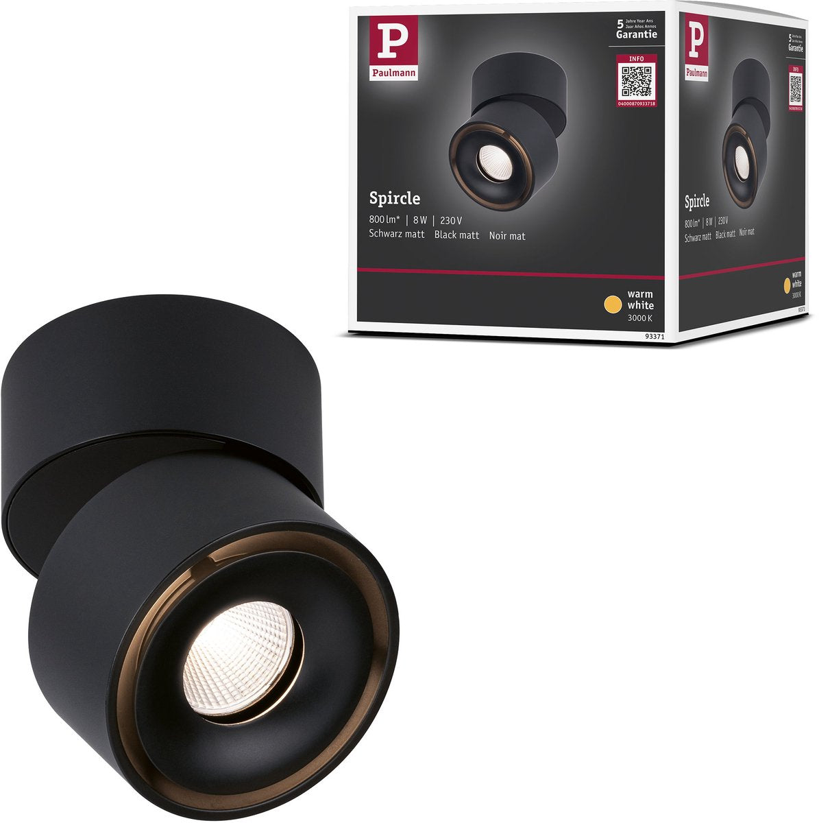 Paulmann Plafón LED spircle 78 mm 8w 550lm 230v 3000k negro mate