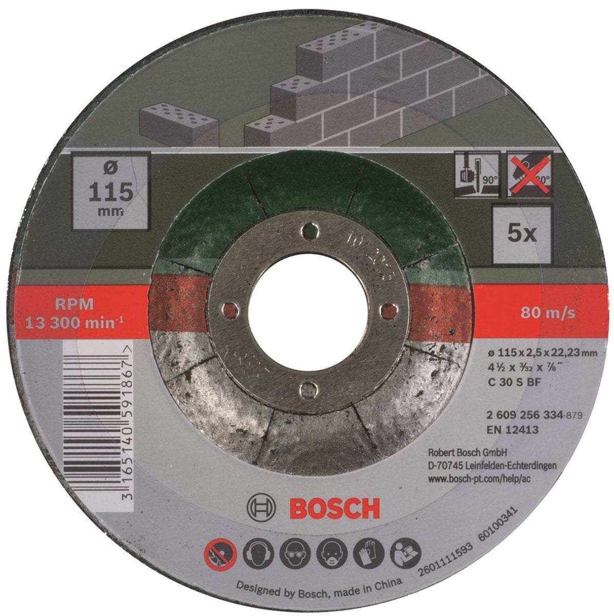 Juego de discos abrasivos Bosch - para piedra - 115 x 2,5 mm - curvados - 5 piezas