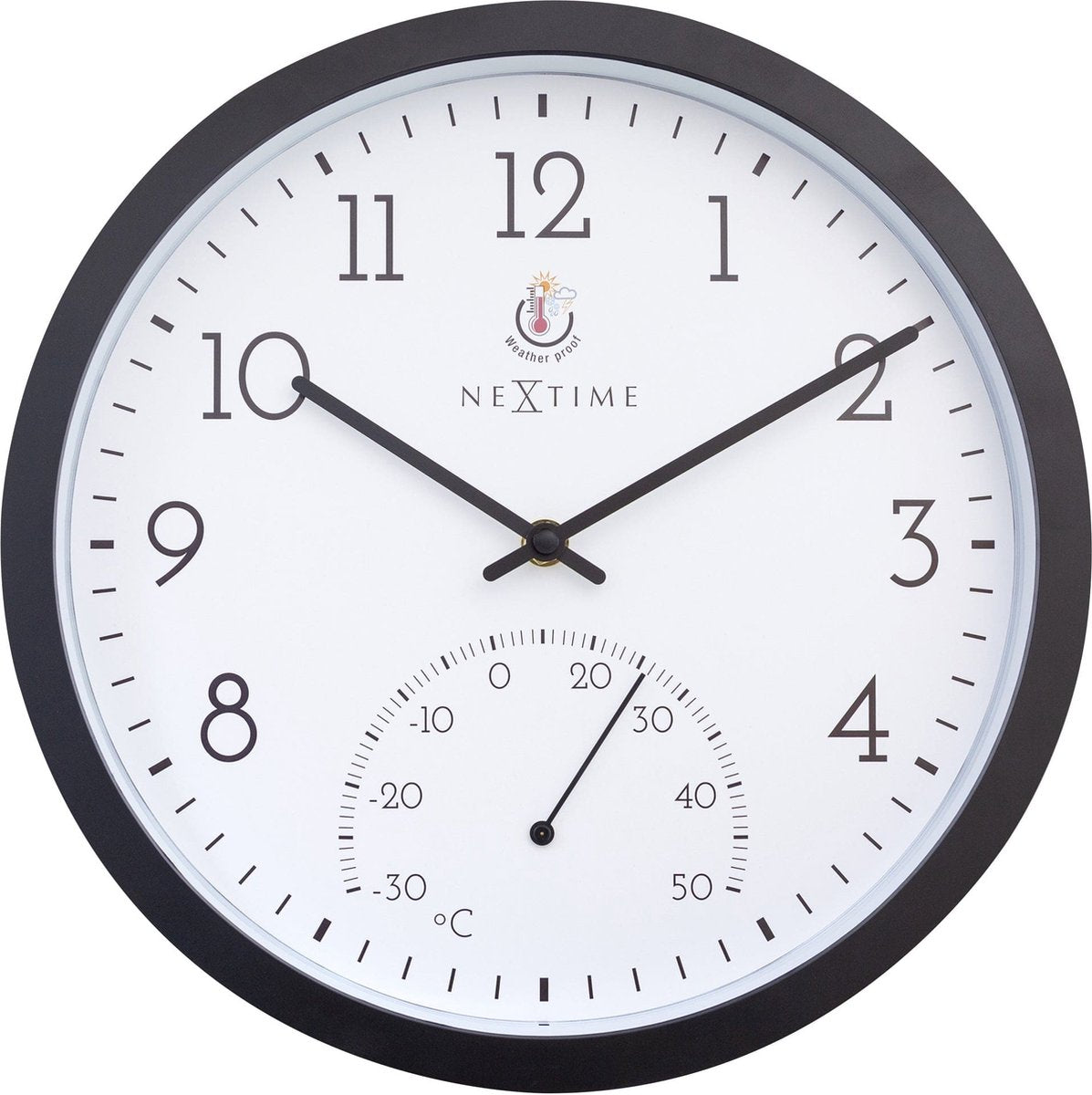 Nexttime calendula – orologio da esterno – 30,5 cm – metallo – bianco e nero – resistente alle intemperie – con termometro