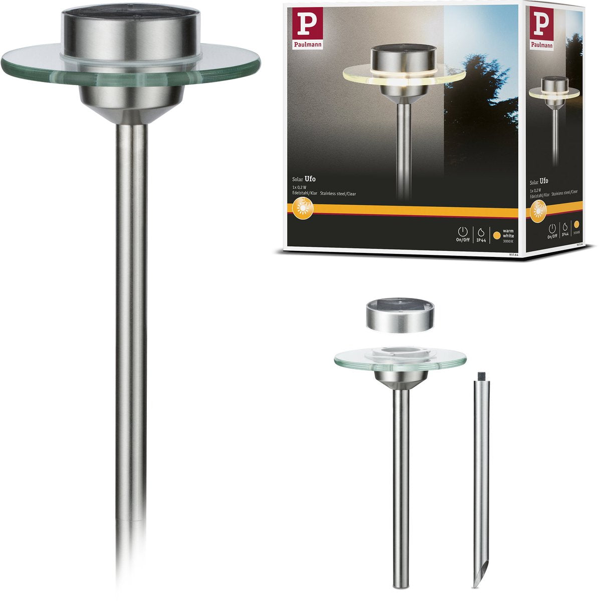 Paulmann solar led-tuinspots ufo ip44 3000k edelstaal, helder