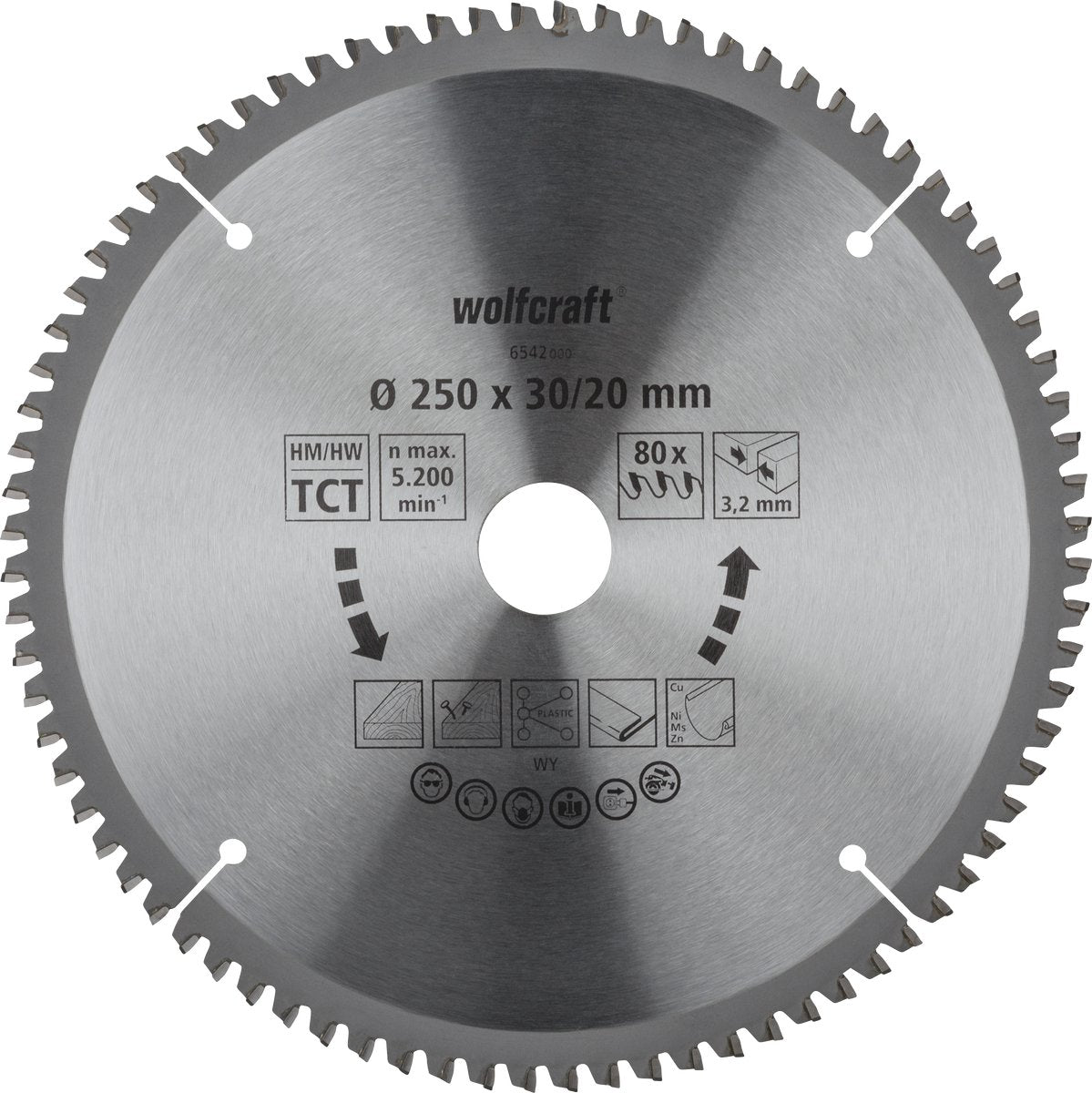 Wolfcraft - hoja de sierra 250 x 30 mm - 80 dientes - sierra tronzadora - sierra ingletadora - 6542000
