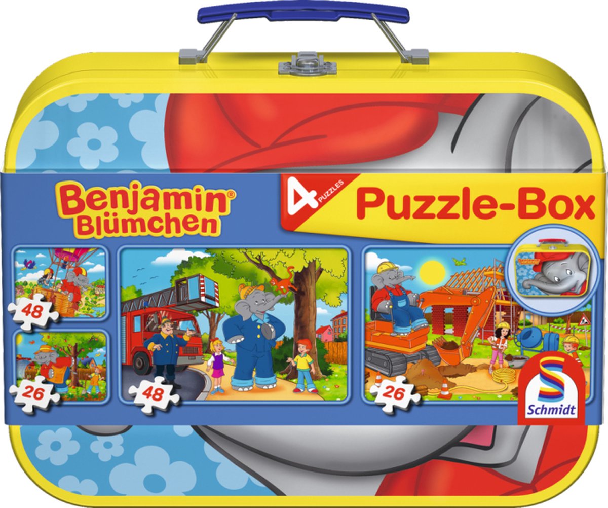 Schmidt - puzzle - benjamin blümchen, scatola puzzle, 2x26, 2x48 pezzi - parti in custodia di metallo - bambini - dai 4 anni