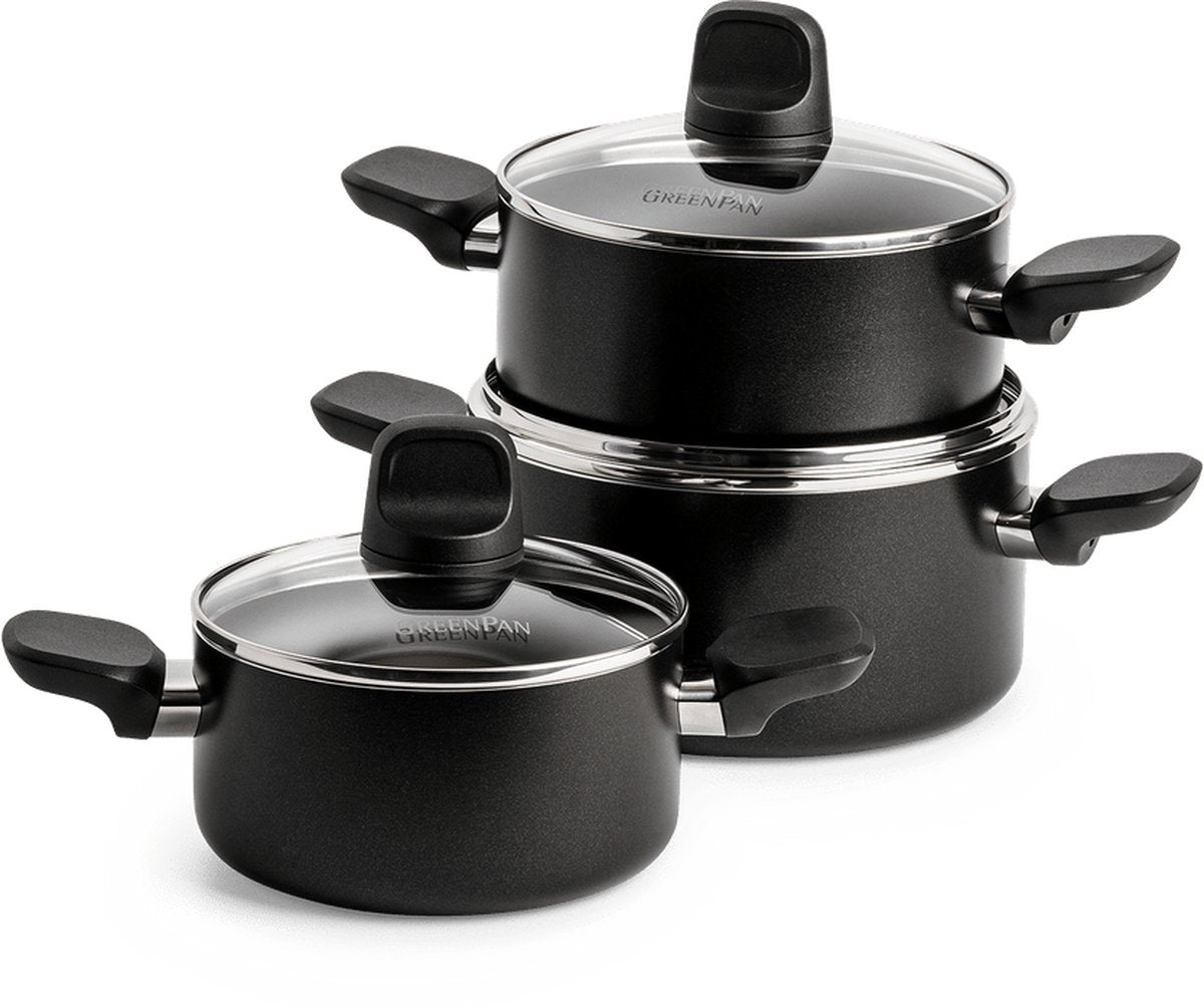 Greenpan memphis pannenset 6-delig - 16 18 20cm - 1.6 2.1 3.1l - pfas-vrije antikleeflaag - pannenset inductie - keramische pan - ovenbestendig tot 160°c - koudgrepen - met glazen deksel - zwart