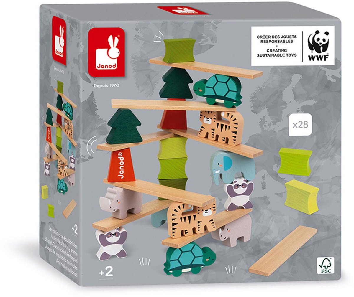 Janod wwf - gioco impilabile con alberi e animali - gioco di equilibrio 2 in 1 con 28 parti in legno - adatto a partire dai 2 anni